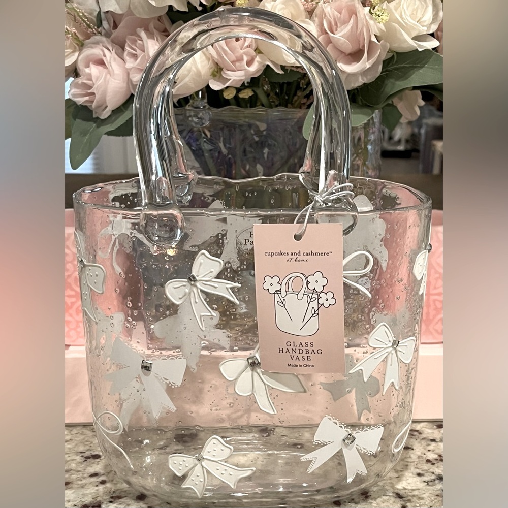 Cupcakes and Cashmere Glass Handbag Vase with White Bow & Diamond Accents